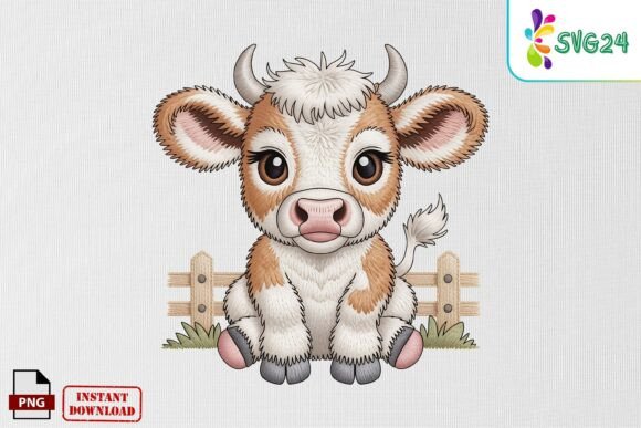 Cute Baby Cow Farm Embroidery Art PNG